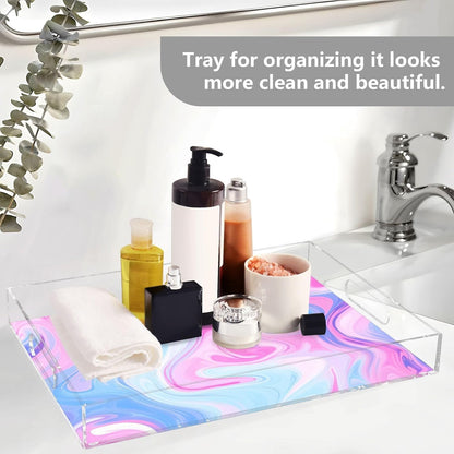 Pastel Blue Pink Marble Serving Tray 12"x16", Spill-Proof Portable Acrylic Decorative Tray with Handles for Breakfast in Bed, Ottoman, Coffee Table, Dinner Parties
