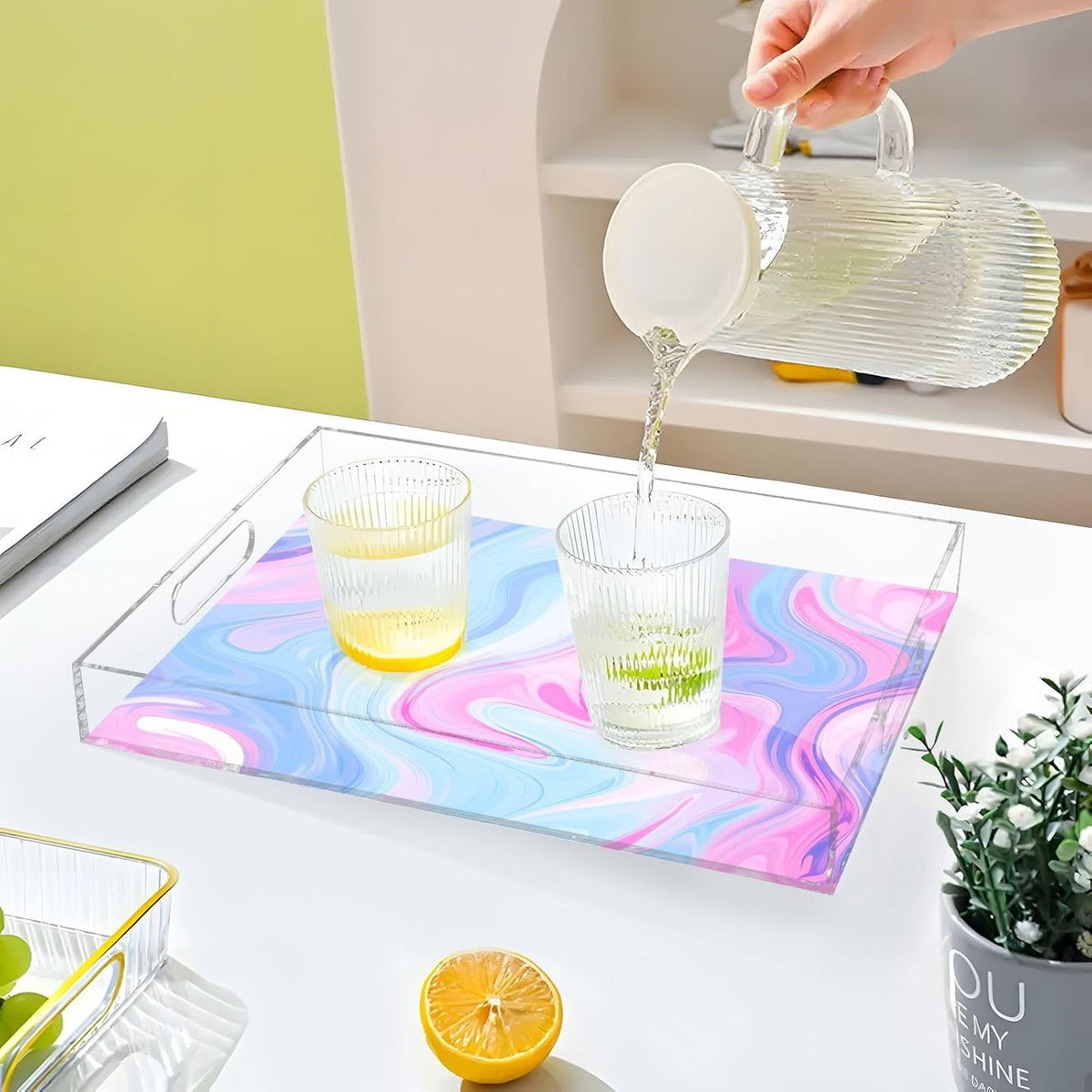 Pastel Blue Pink Marble Serving Tray 12"x16", Spill-Proof Portable Acrylic Decorative Tray with Handles for Breakfast in Bed, Ottoman, Coffee Table, Dinner Parties