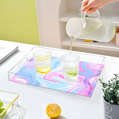 Pastel Blue Pink Marble Serving Tray 12"x16", Spill-Proof Portable Acrylic Decorative Tray with Handles for Breakfast in Bed, Ottoman, Coffee Table, Dinner Parties