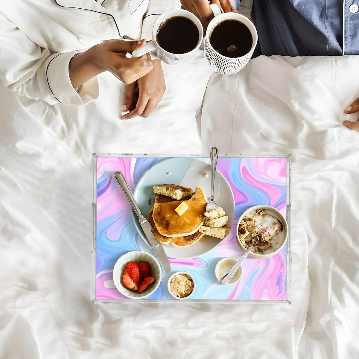 Pastel Blue Pink Marble Serving Tray 12"x16", Spill-Proof Portable Acrylic Decorative Tray with Handles for Breakfast in Bed, Ottoman, Coffee Table, Dinner Parties