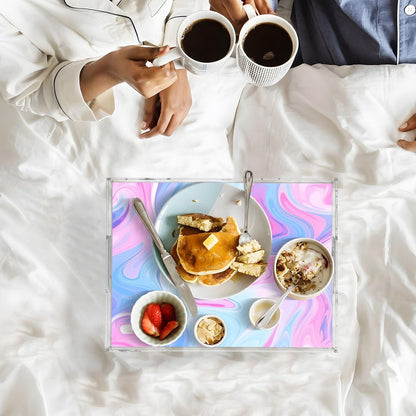 Pastel Blue Pink Marble Serving Tray 12"x16", Spill-Proof Portable Acrylic Decorative Tray with Handles for Breakfast in Bed, Ottoman, Coffee Table, Dinner Parties