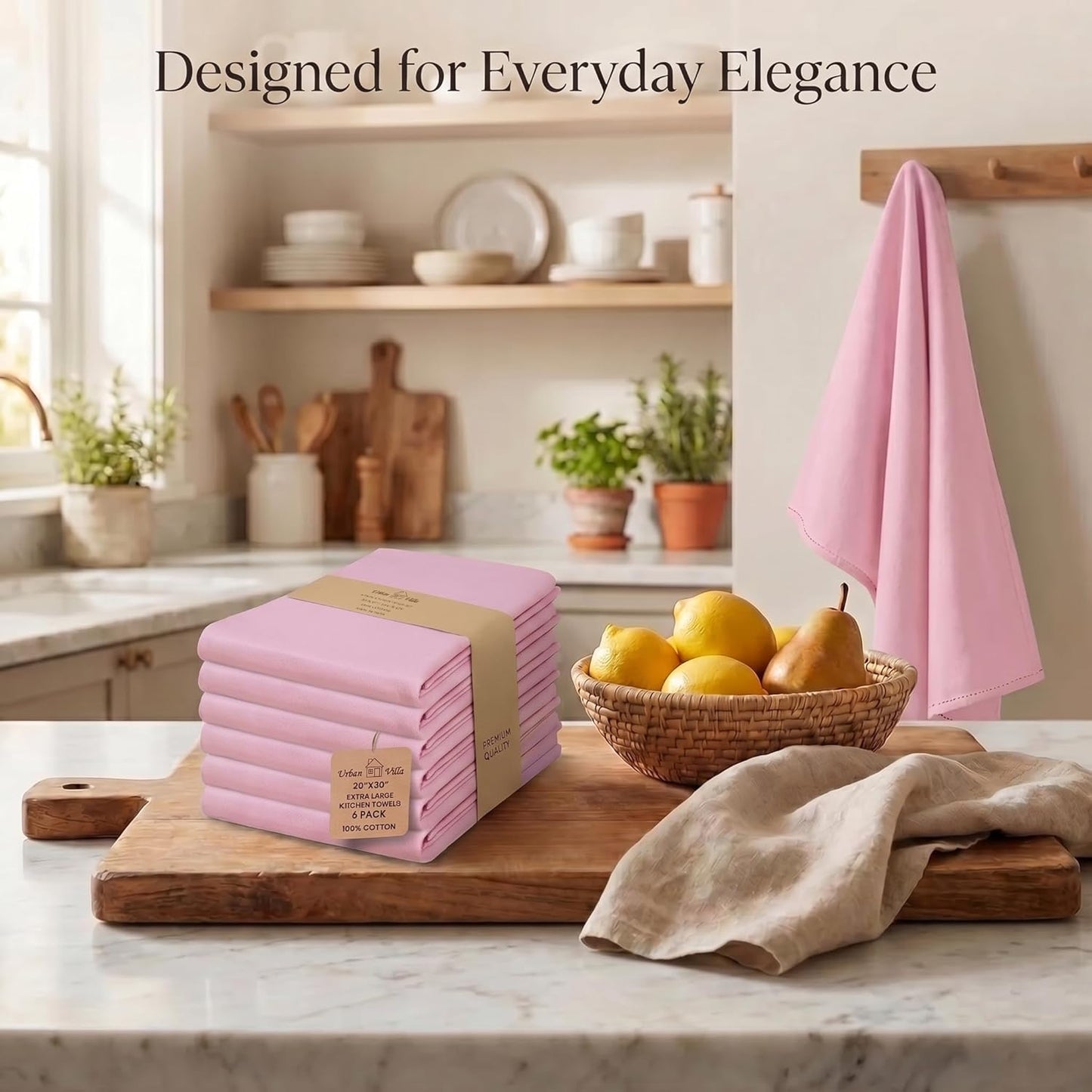 Urban Villa Kitchen Towels 100% Cotton Dish Towels for Kitchen(Set of 6) 20”x30” Dish Cloths Highly Absorbent Kitchen Linen Set with Hanging Loop Perfect for Drying Dishes Cleaning Hand Towels – Pink