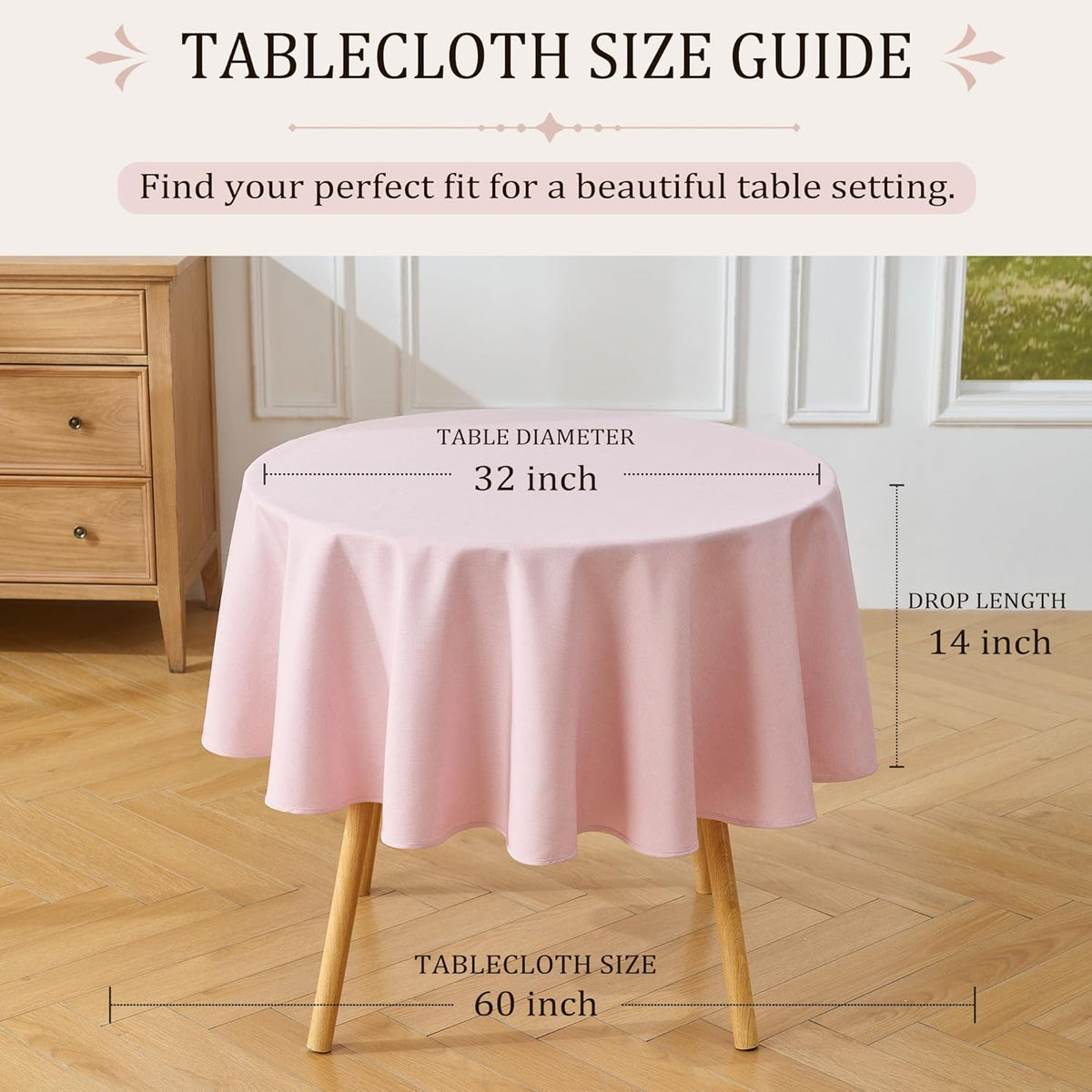 Light Pink Round Tablecloth 60 Inch Machine Washable Indoor & Outdoor