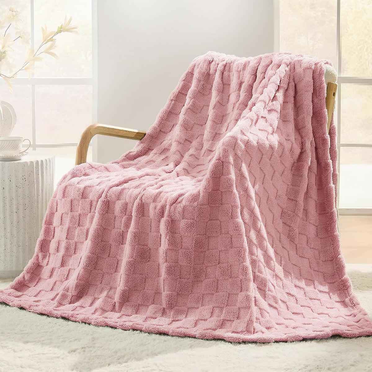 330GSM Checkered Fleece Throw Blanket for Couch, Pink, 50"x60"