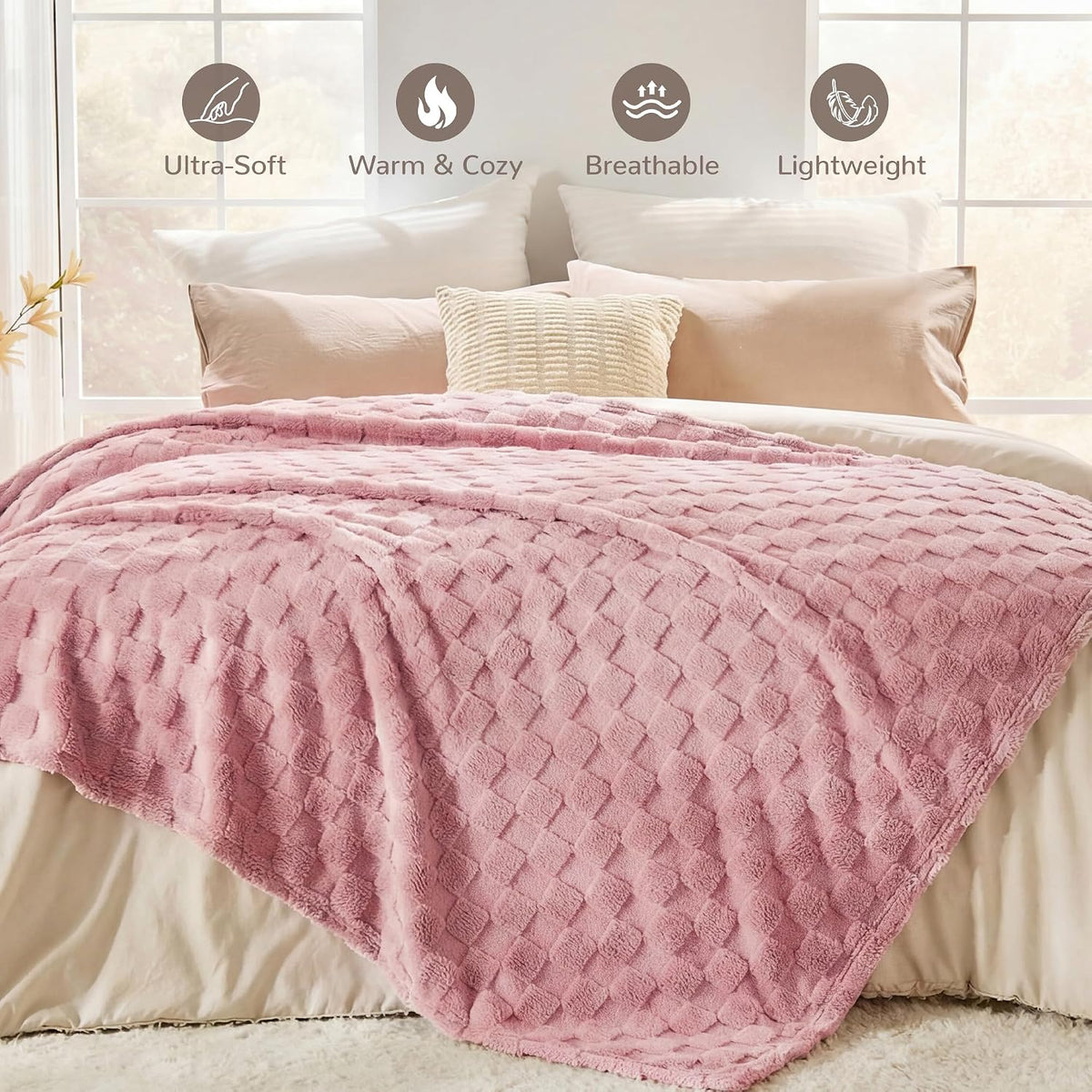330GSM Checkered Fleece Throw Blanket for Couch, Pink, 50"x60"