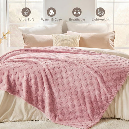 330GSM Checkered Fleece Throw Blanket for Couch, Pink, 50"x60"