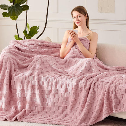 330GSM Checkered Fleece Throw Blanket for Couch, Pink, 50"x60"