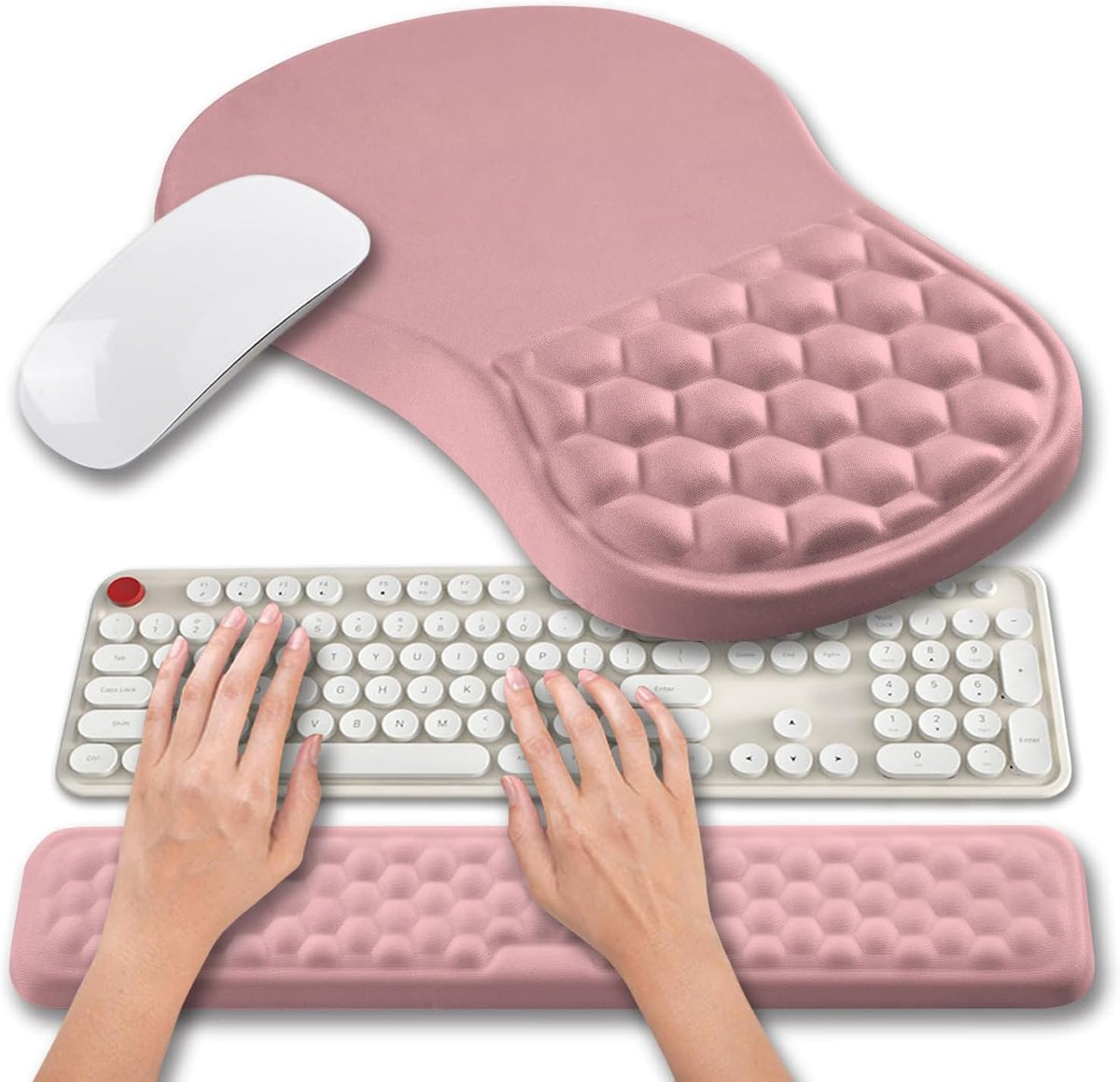 2 in 1 Ergonomic Mouse Pad Wrist Support & Wrist Rest for Computer Keyboard Set, with Relieve Carpal Tunnel Pain Massage Bulge and Full Memory Gel Design (2In1 Set, Pink)