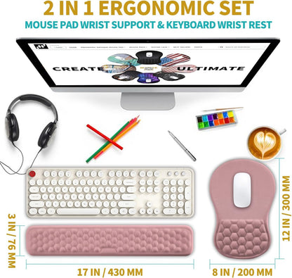 2 in 1 Ergonomic Mouse Pad Wrist Support & Wrist Rest for Computer Keyboard Set, with Relieve Carpal Tunnel Pain Massage Bulge and Full Memory Gel Design (2In1 Set, Pink)