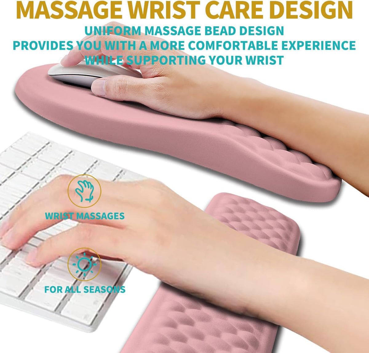 2 in 1 Ergonomic Mouse Pad Wrist Support & Wrist Rest for Computer Keyboard Set, with Relieve Carpal Tunnel Pain Massage Bulge and Full Memory Gel Design (2In1 Set, Pink)