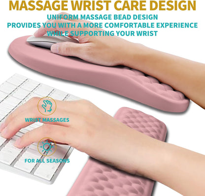 2 in 1 Ergonomic Mouse Pad Wrist Support & Wrist Rest for Computer Keyboard Set, with Relieve Carpal Tunnel Pain Massage Bulge and Full Memory Gel Design (2In1 Set, Pink)