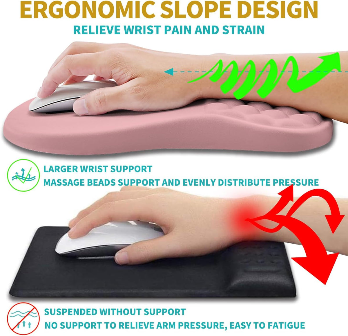 2 in 1 Ergonomic Mouse Pad Wrist Support & Wrist Rest for Computer Keyboard Set, with Relieve Carpal Tunnel Pain Massage Bulge and Full Memory Gel Design (2In1 Set, Pink)