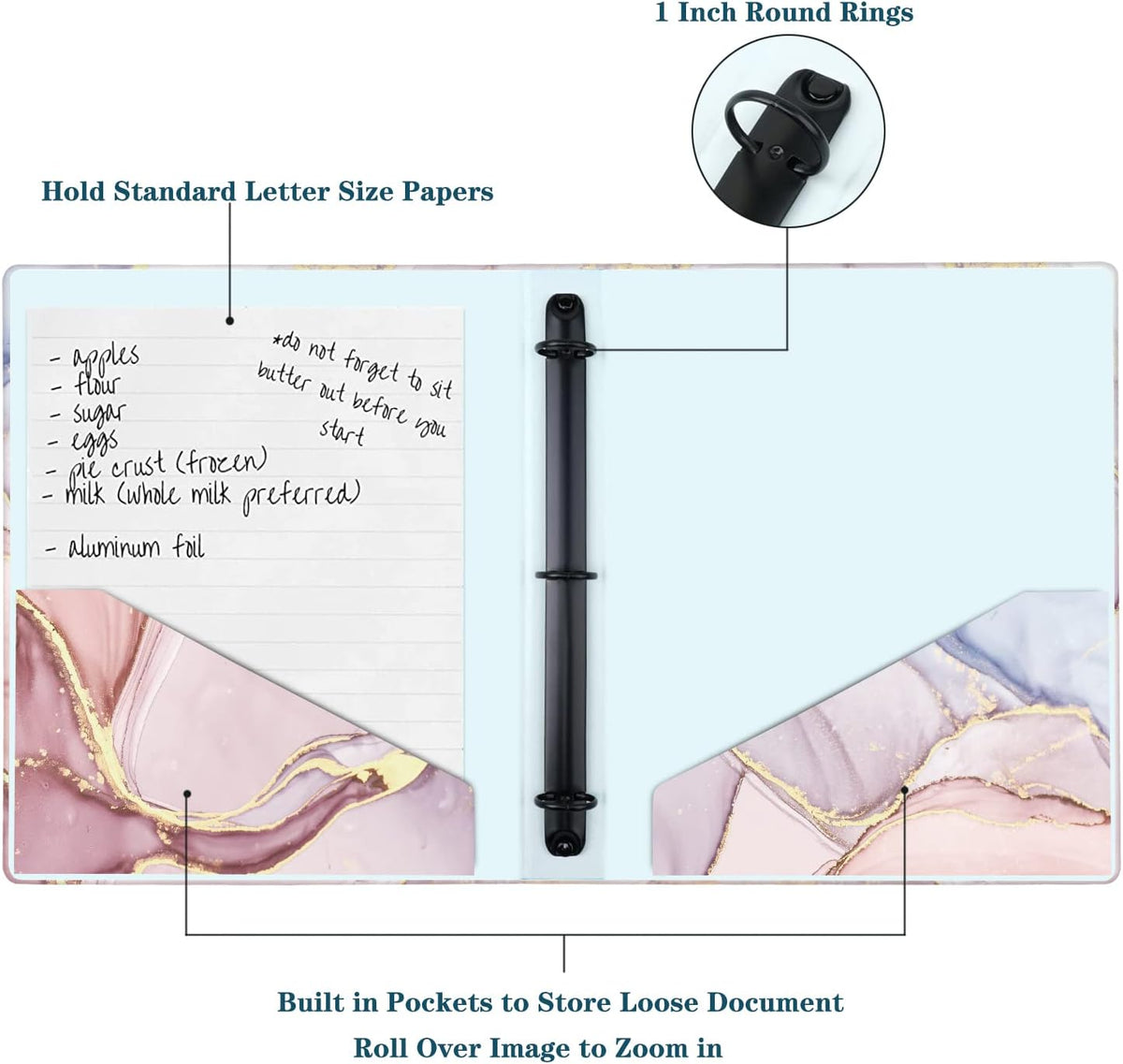 Cute 3 Ring Binder, 1-Inch Round Ring with Marble Interior Pockets for Organization, Fits 175 Sheets of 8.5x11 Paper forSchool and Office Supplies, Recipe, Pink, 1-Pack