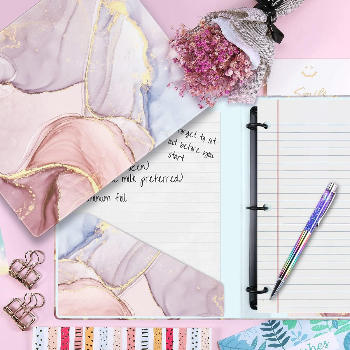 Cute 3 Ring Binder, 1-Inch Round Ring with Marble Interior Pockets for Organization, Fits 175 Sheets of 8.5x11 Paper forSchool and Office Supplies, Recipe, Pink, 1-Pack