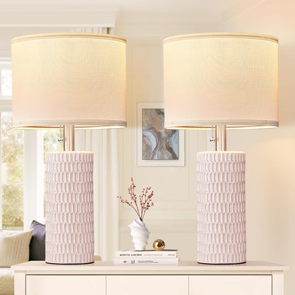 Modern Ceramic Table Lamps Set of 2, Lamps for Nightstands, Pink