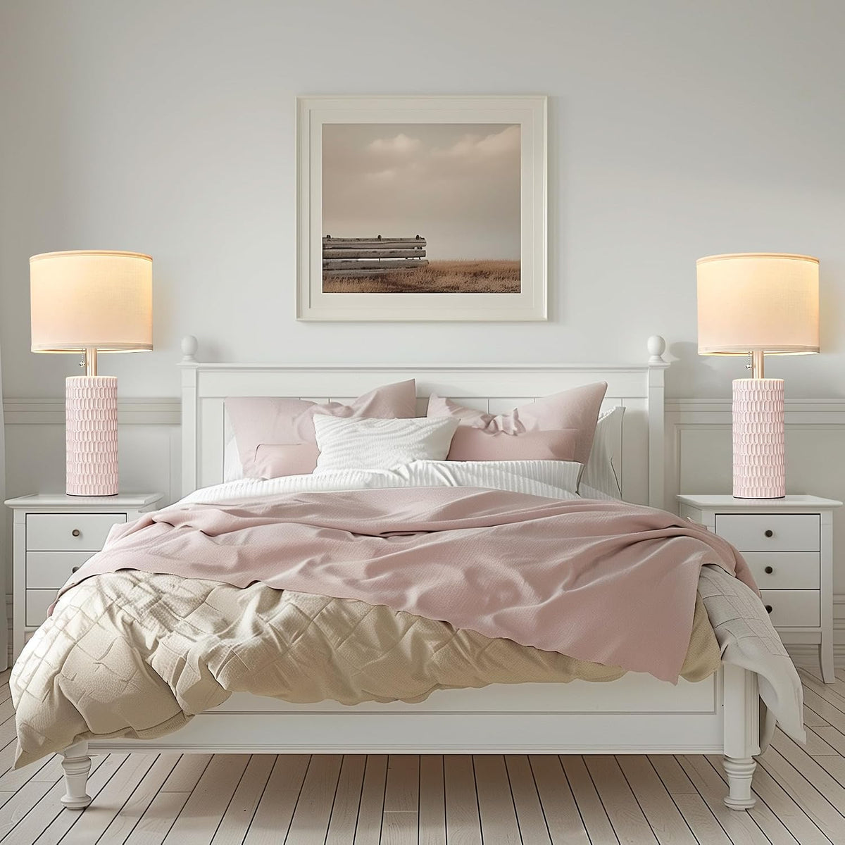 Modern Ceramic Table Lamps Set of 2, Lamps for Nightstands, Pink