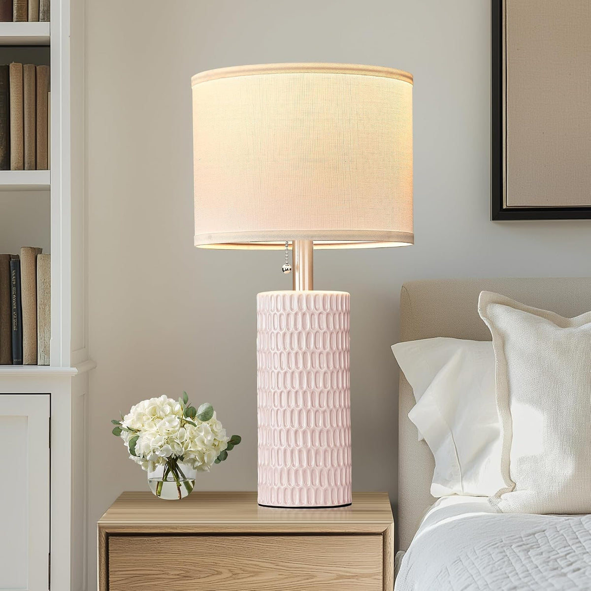 Modern Ceramic Table Lamps Set of 2, Lamps for Nightstands, Pink