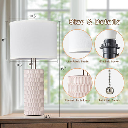 Modern Ceramic Table Lamps Set of 2, Lamps for Nightstands, Pink