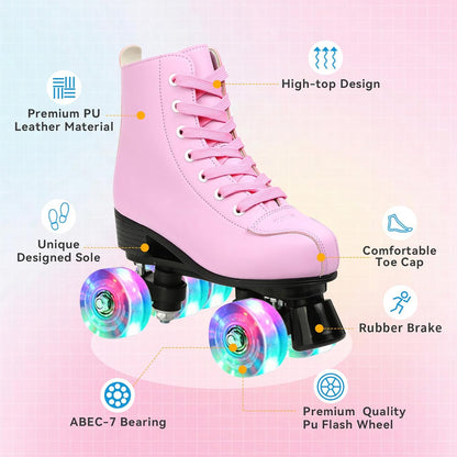 Roller Skates for Women Men Cozy PU Leather High-top Roller Skates for Beginner Double-Row PU Wheels, Professional Indoor Outdoor Roller Skates with Shoes Bag