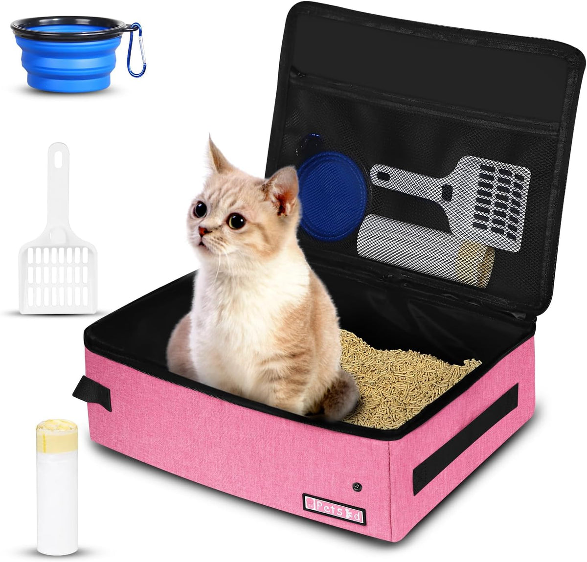 Portable Cat Travel Litter Box with Lid, Pink
