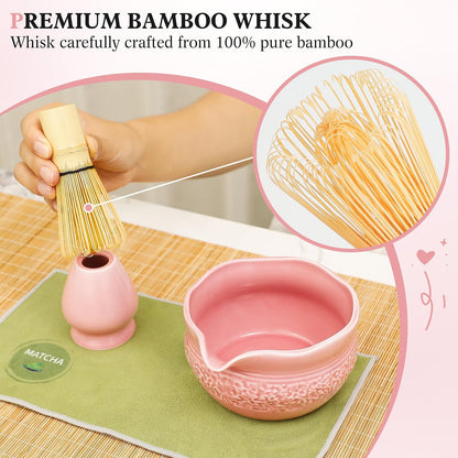 Pink Matcha Set, 8 Pcs Complete Ceramic Matcha Making Kit with Bowl, Bamboo Whisk & Holder, Stainless Sifter, Tea Towel, Scoop & Scoop Rest