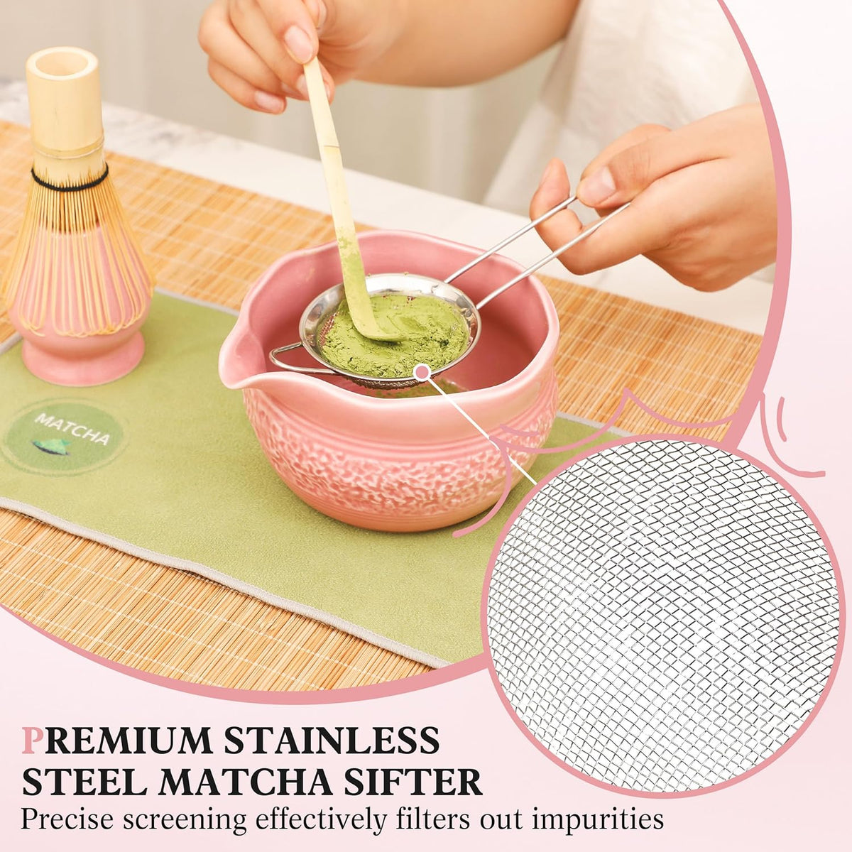 Pink Matcha Set, 8 Pcs Complete Ceramic Matcha Making Kit with Bowl, Bamboo Whisk & Holder, Stainless Sifter, Tea Towel, Scoop & Scoop Rest