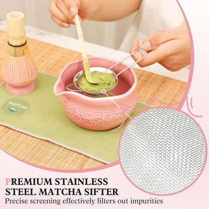 Pink Matcha Set, 8 Pcs Complete Ceramic Matcha Making Kit with Bowl, Bamboo Whisk & Holder, Stainless Sifter, Tea Towel, Scoop & Scoop Rest