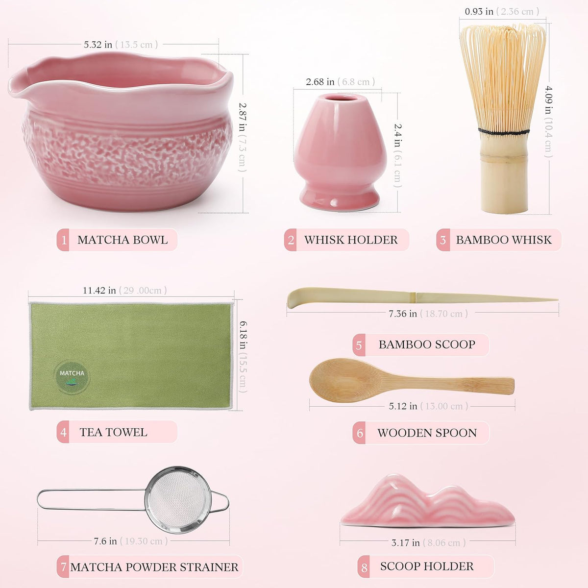 Pink Matcha Set, 8 Pcs Complete Ceramic Matcha Making Kit with Bowl, Bamboo Whisk & Holder, Stainless Sifter, Tea Towel, Scoop & Scoop Rest