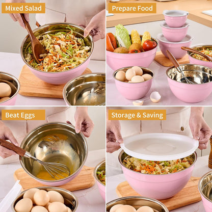 Pink Mixing Bowls with Airtight Lids, Stainless Steel Nesting Mixing Bowls Set of 7, Ideal for Baking, Prepping and Serving Food, Size 7, 3.6, 2.7, 2.1, 1.5, 1.1,0.8 QT, Stackable Design