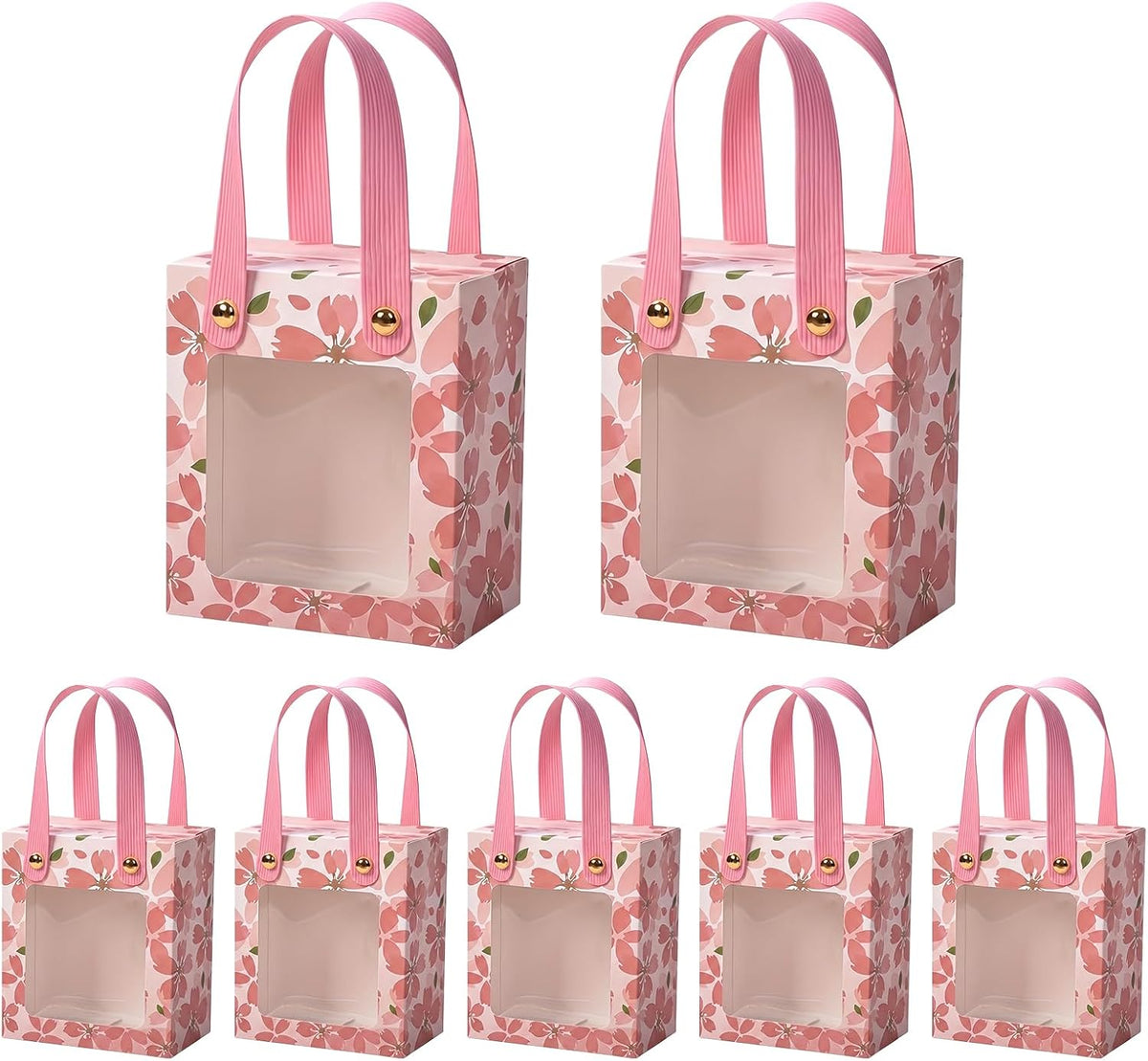 50 Pcs Treat Boxes,Golden Cherry Blossom Gift Boxes with Handle and Transparent Window,Candy Box for Wedding Favours, Birthday Party Supplies(Pink)