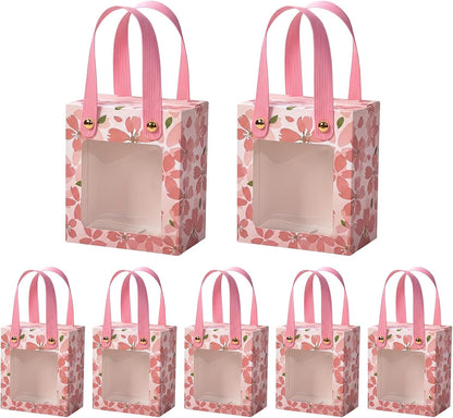 50 Pcs Treat Boxes,Golden Cherry Blossom Gift Boxes with Handle and Transparent Window,Candy Box for Wedding Favours, Birthday Party Supplies(Pink)