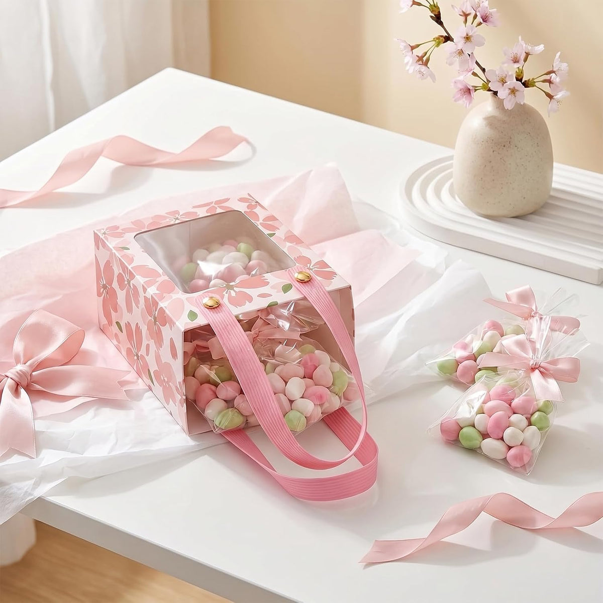 50 Pcs Treat Boxes,Golden Cherry Blossom Gift Boxes with Handle and Transparent Window,Candy Box for Wedding Favours, Birthday Party Supplies(Pink)