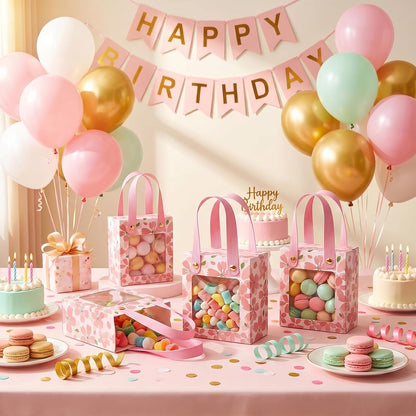 50 Pcs Treat Boxes,Golden Cherry Blossom Gift Boxes with Handle and Transparent Window,Candy Box for Wedding Favours, Birthday Party Supplies(Pink)