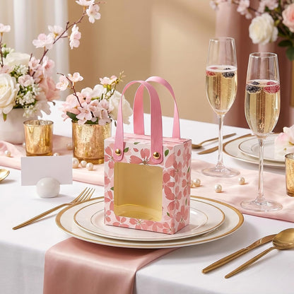 50 Pcs Treat Boxes,Golden Cherry Blossom Gift Boxes with Handle and Transparent Window,Candy Box for Wedding Favours, Birthday Party Supplies(Pink)