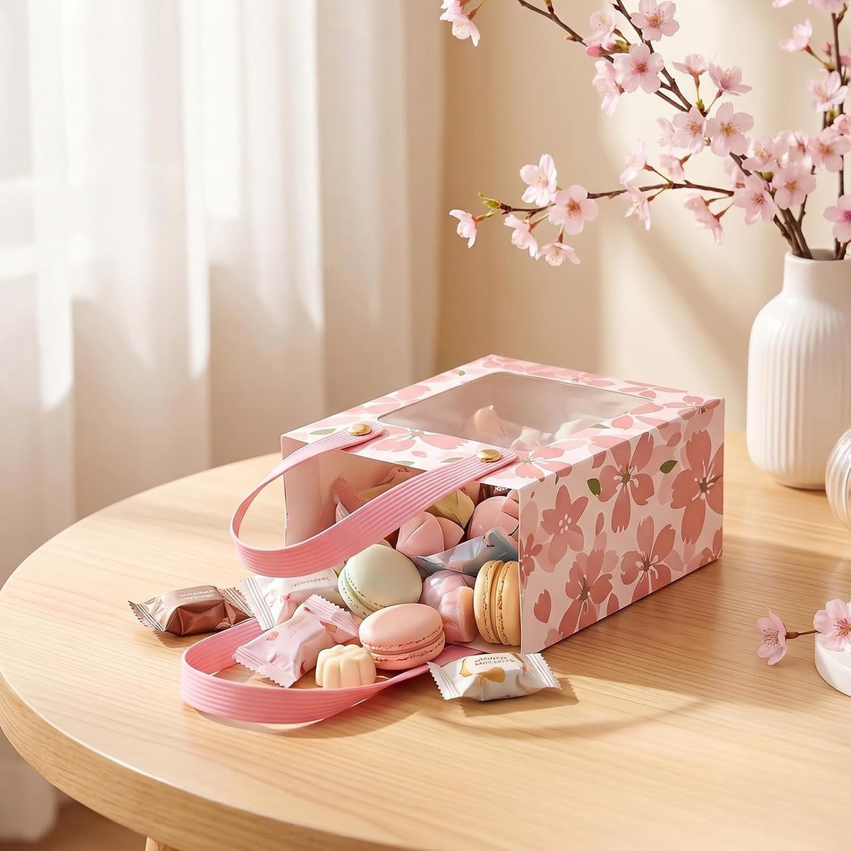 50 Pcs Treat Boxes,Golden Cherry Blossom Gift Boxes with Handle and Transparent Window,Candy Box for Wedding Favours, Birthday Party Supplies(Pink)