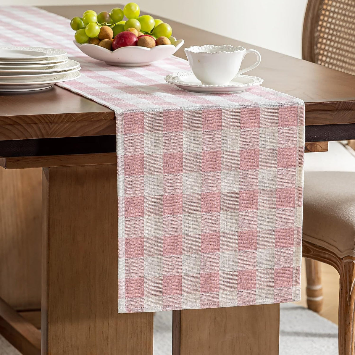 Gingham Table Runner, Cotton Linen Style Picnic Checkered Table Runners Farmhouse Buffalo Plaid Baby Shower Birthday Party Decoration Home Dining Kitchec Decor, Pink 13x72