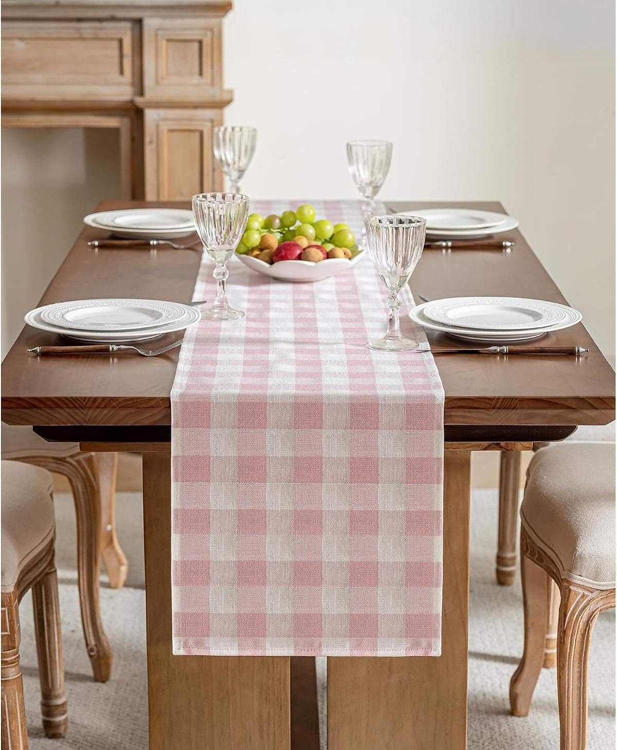 Gingham Table Runner, Cotton Linen Style Picnic Checkered Table Runners Farmhouse Buffalo Plaid Baby Shower Birthday Party Decoration Home Dining Kitchec Decor, Pink 13x72