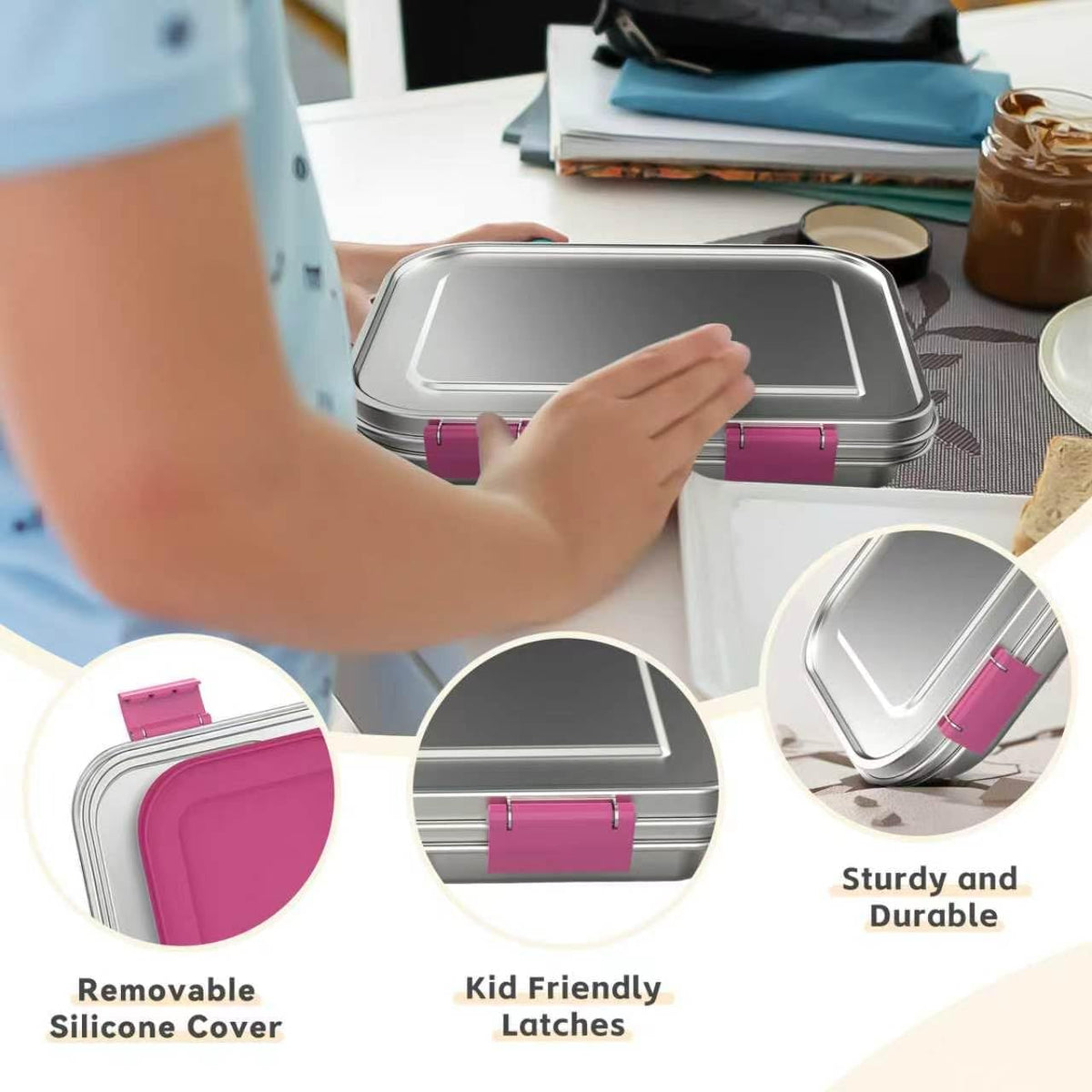 Stainless Steel Kids Leak-Resistant Bento Lunch Box, 3-Compartments with Silicone Container, Dishwasher-Safe, Child-Friendly Design for School, Picnics & Travel,BPA-Free(Pink)