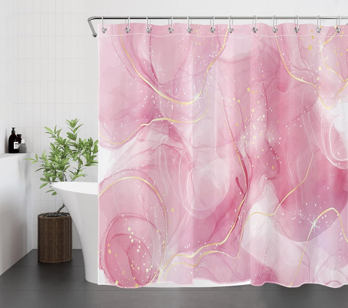 Modern Marble Shower Curtain, Pink and Gold Luxurious Marble Bathroom Curtain with Hooks, Abstract Art Bath Curtain Polyester Fabric Bath Decor Accessories, 72x72 Inches,YL30460Q