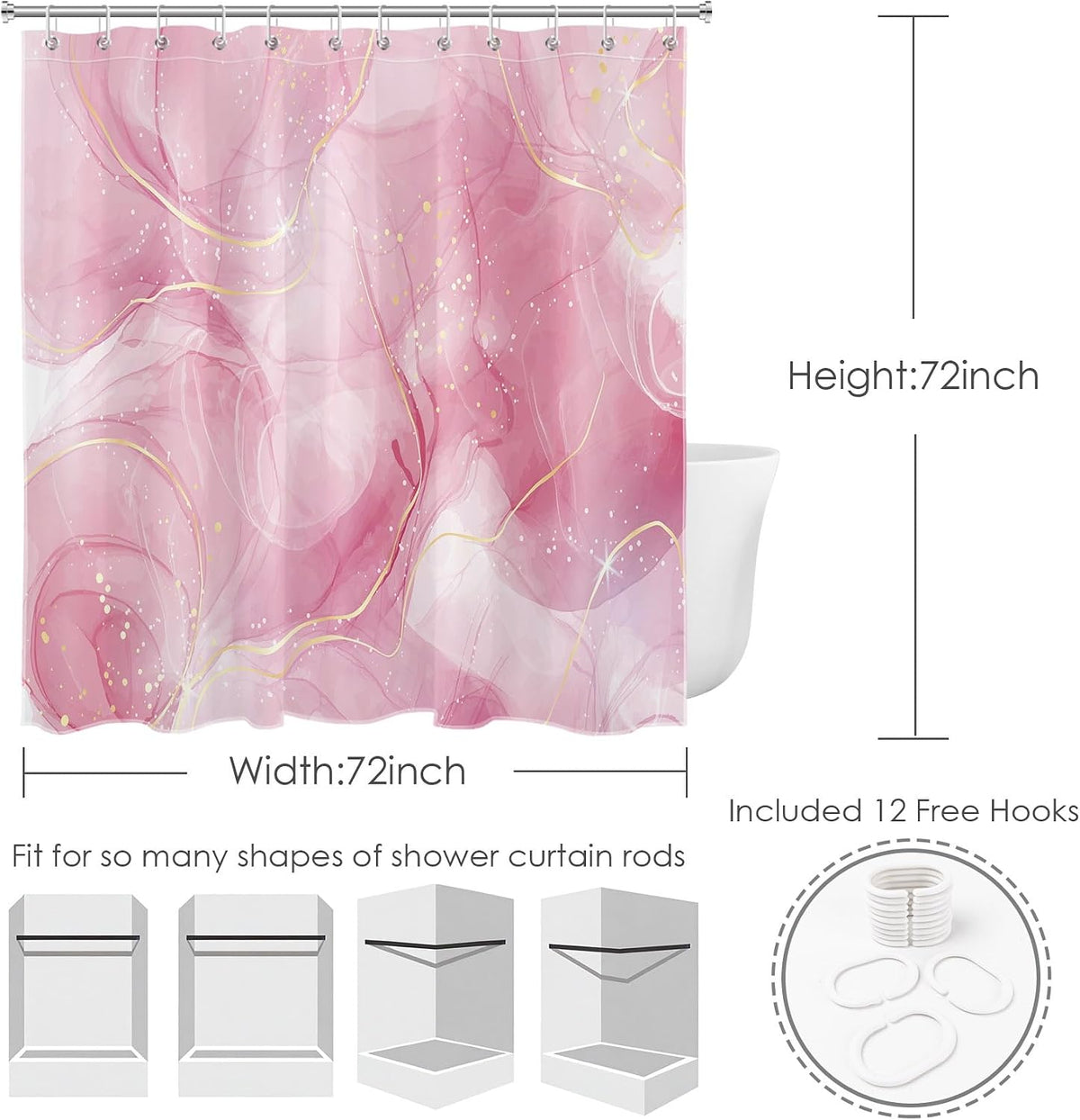 Modern Marble Shower Curtain, Pink and Gold Luxurious Marble Bathroom Curtain with Hooks, Abstract Art Bath Curtain Polyester Fabric Bath Decor Accessories, 72x72 Inches,YL30460Q