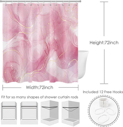 Modern Marble Shower Curtain, Pink and Gold Luxurious Marble Bathroom Curtain with Hooks, Abstract Art Bath Curtain Polyester Fabric Bath Decor Accessories, 72x72 Inches,YL30460Q