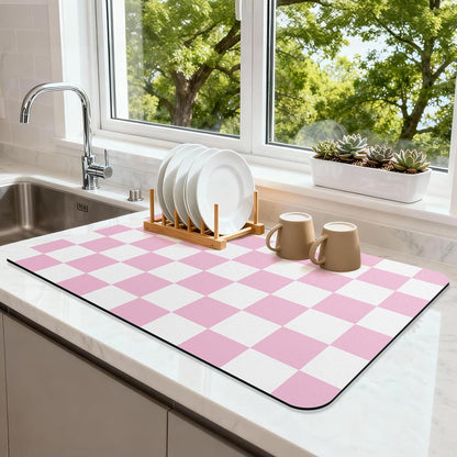 Pink Checkered Dish Drying Mat 24" x 16" for Kitchen Counter, Absorbent Coffee Bar Mat with Non-Slip Rubber Backing, Cute Dish Drainer Mat for Espresso Machine, Easy to Clean