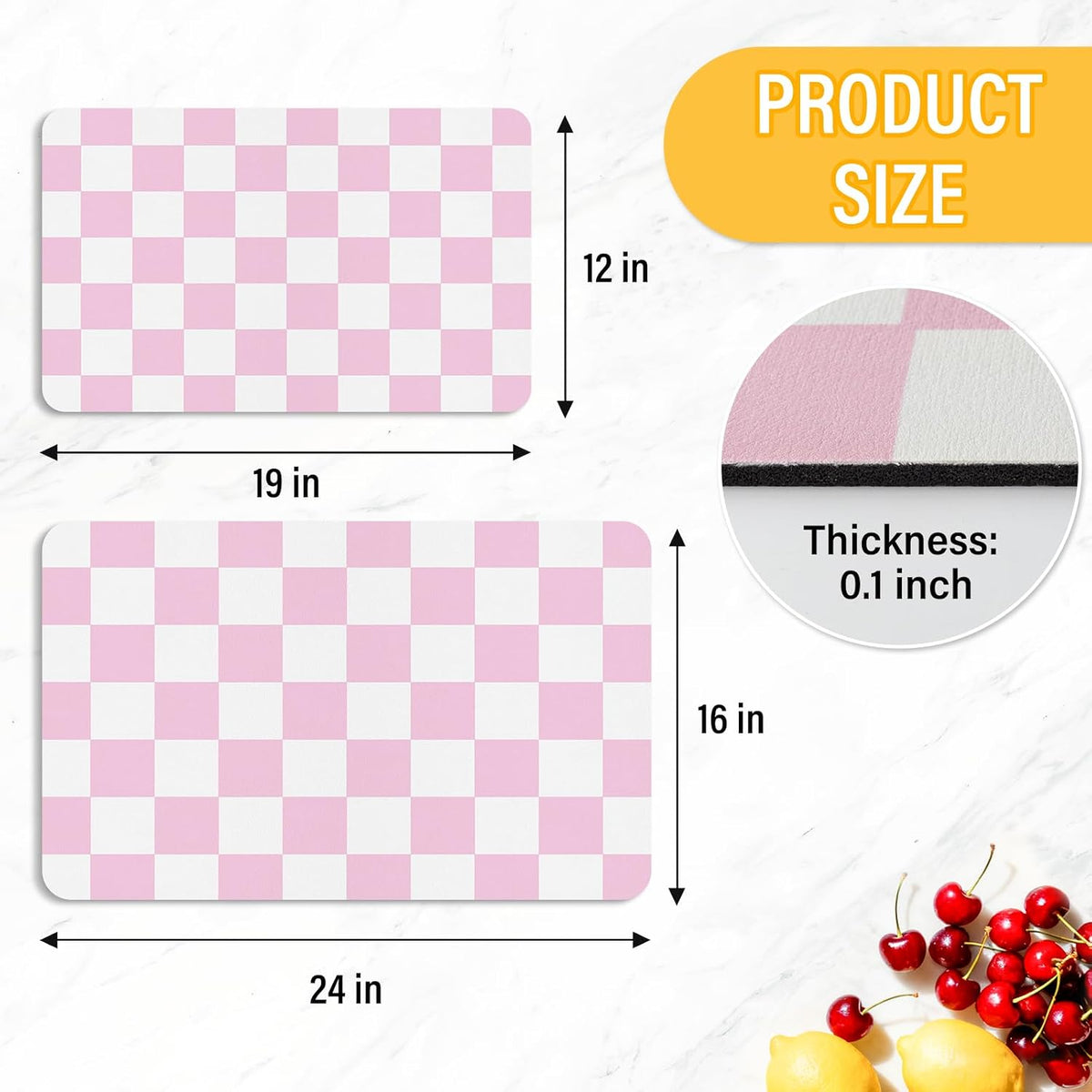 Pink Checkered Dish Drying Mat 24" x 16" for Kitchen Counter, Absorbent Coffee Bar Mat with Non-Slip Rubber Backing, Cute Dish Drainer Mat for Espresso Machine, Easy to Clean