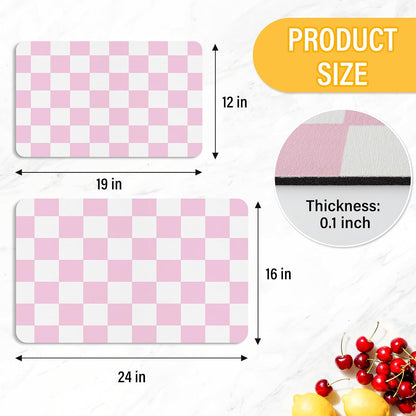 Pink Checkered Dish Drying Mat 24" x 16" for Kitchen Counter, Absorbent Coffee Bar Mat with Non-Slip Rubber Backing, Cute Dish Drainer Mat for Espresso Machine, Easy to Clean