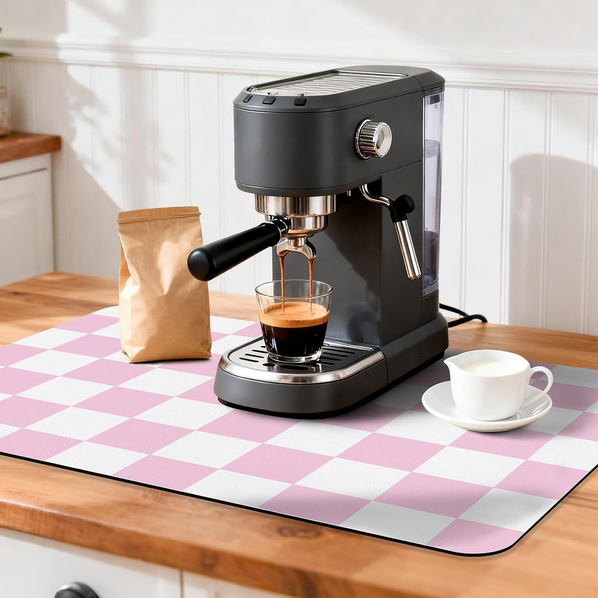 Pink Checkered Dish Drying Mat 24" x 16" for Kitchen Counter, Absorbent Coffee Bar Mat with Non-Slip Rubber Backing, Cute Dish Drainer Mat for Espresso Machine, Easy to Clean