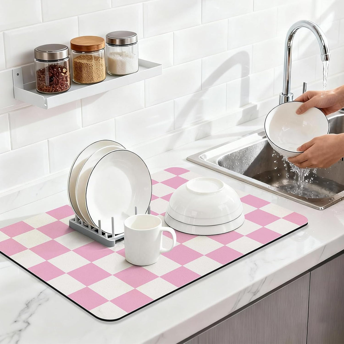 Pink Checkered Dish Drying Mat 24" x 16" for Kitchen Counter, Absorbent Coffee Bar Mat with Non-Slip Rubber Backing, Cute Dish Drainer Mat for Espresso Machine, Easy to Clean