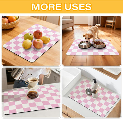 Pink Checkered Dish Drying Mat 24" x 16" for Kitchen Counter, Absorbent Coffee Bar Mat with Non-Slip Rubber Backing, Cute Dish Drainer Mat for Espresso Machine, Easy to Clean