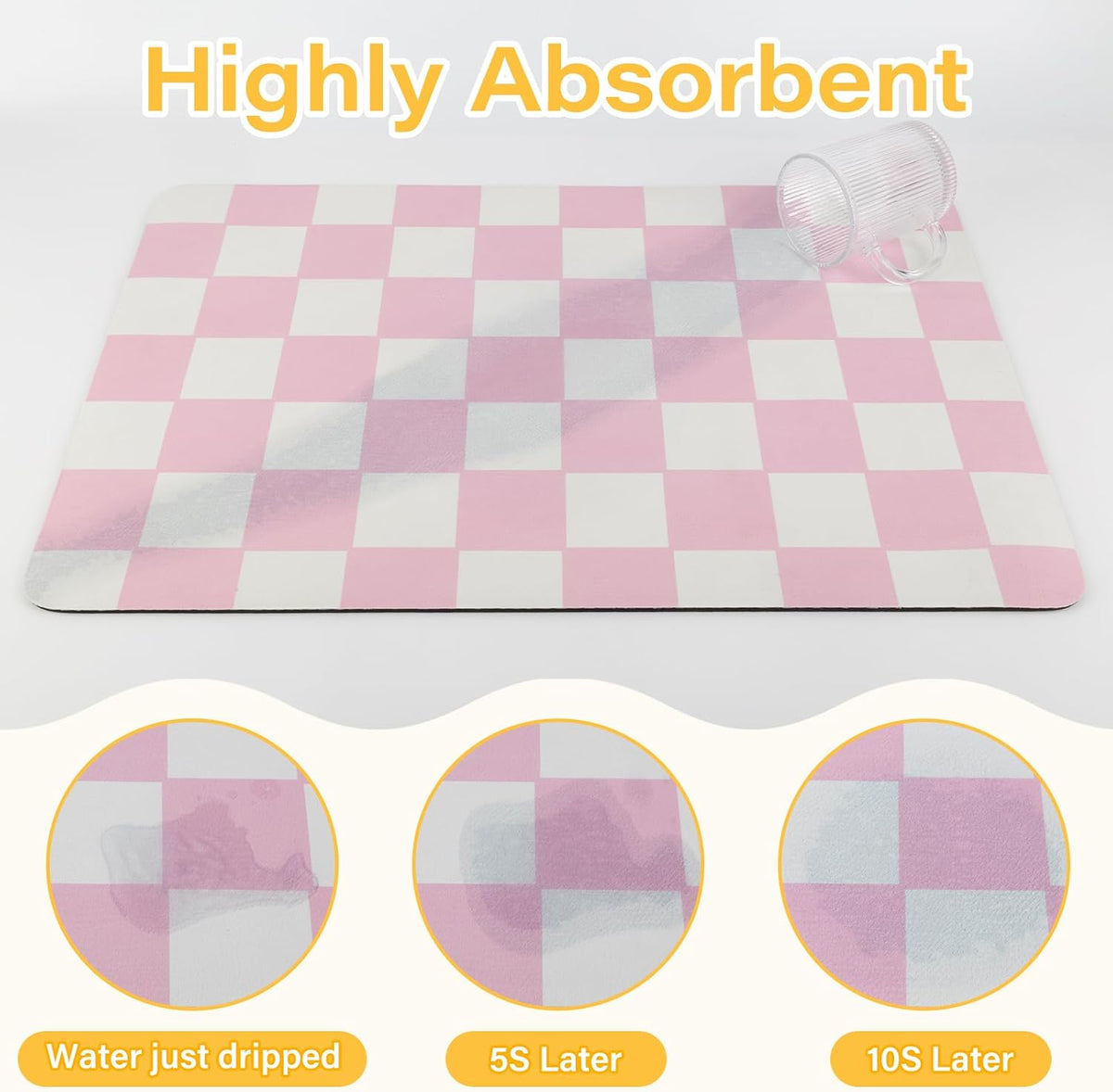 Pink Checkered Dish Drying Mat 24" x 16" for Kitchen Counter, Absorbent Coffee Bar Mat with Non-Slip Rubber Backing, Cute Dish Drainer Mat for Espresso Machine, Easy to Clean