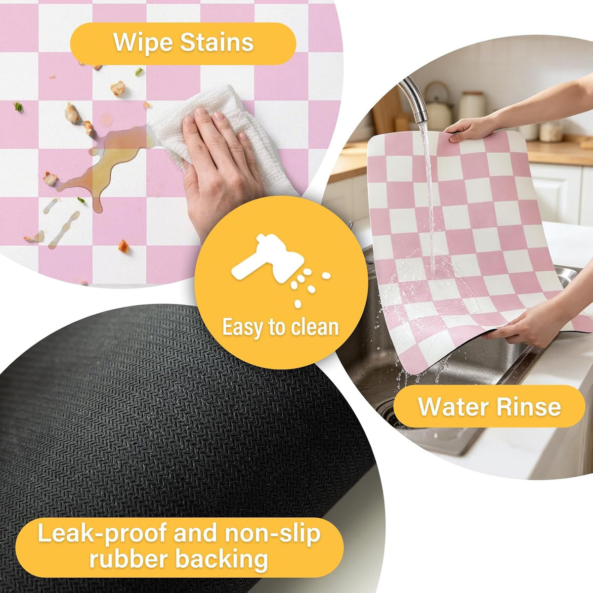 Pink Checkered Dish Drying Mat 24" x 16" for Kitchen Counter, Absorbent Coffee Bar Mat with Non-Slip Rubber Backing, Cute Dish Drainer Mat for Espresso Machine, Easy to Clean