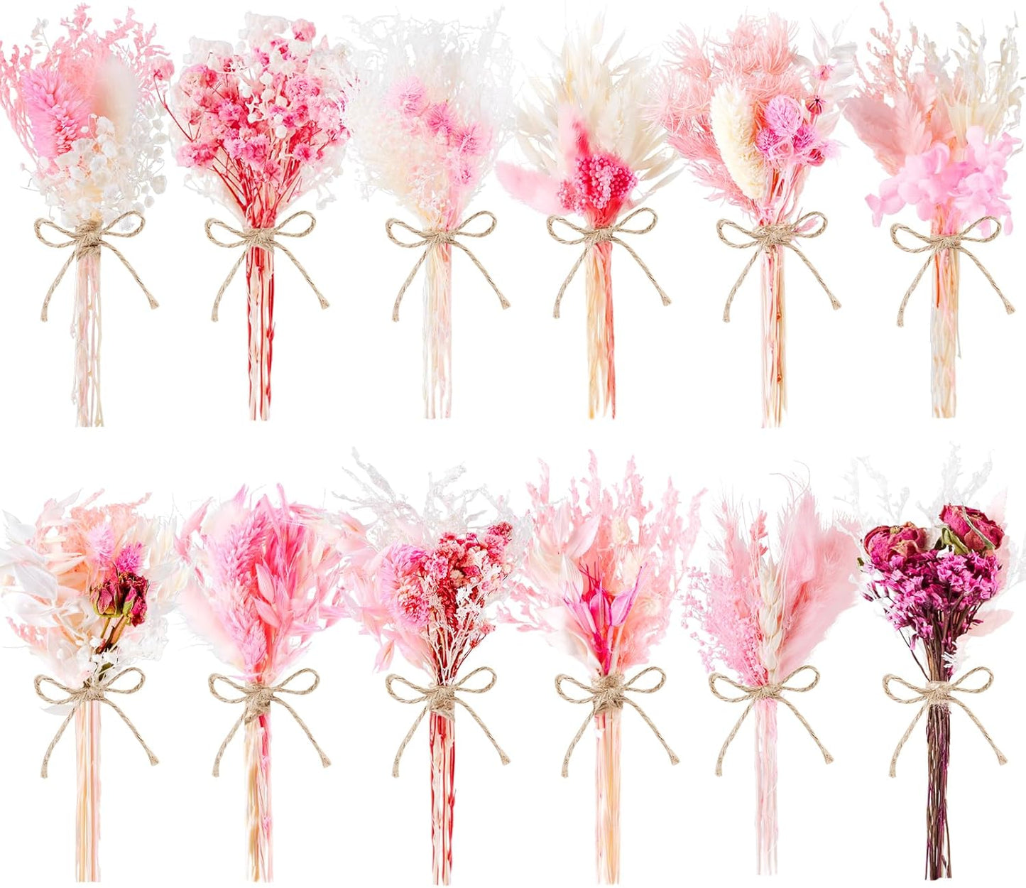12/24 PCS Charming Dried Flowers Bouquet for Vase Various Dried Wildflowers with Stems Mini Handmade Wildflowers Natural Real Flowers Bulk Flowers Craft (Pink, 12 PCS)